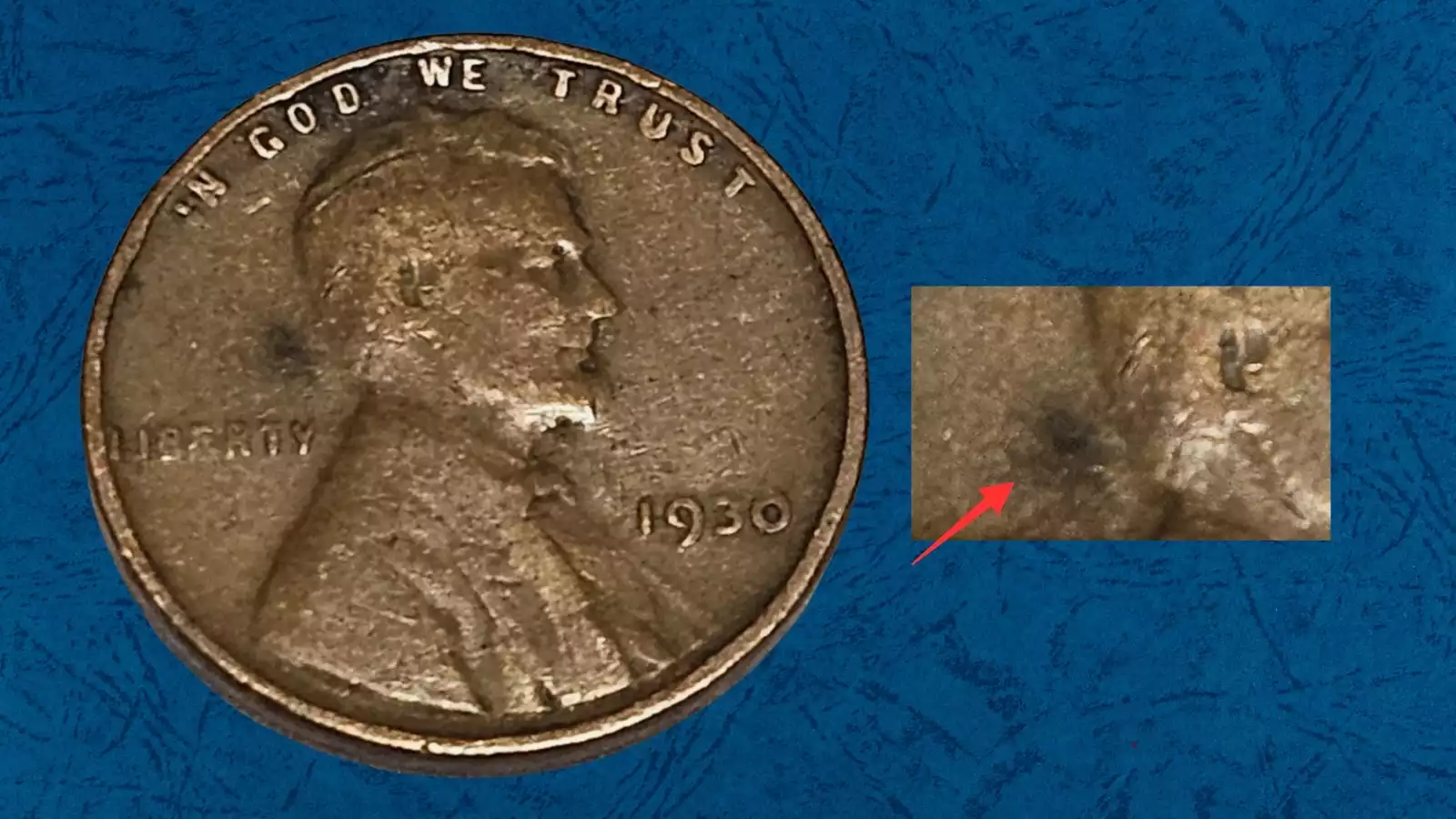 1930 wheat penny strike-through grease error showing weakened or missing design elements from die obstruction