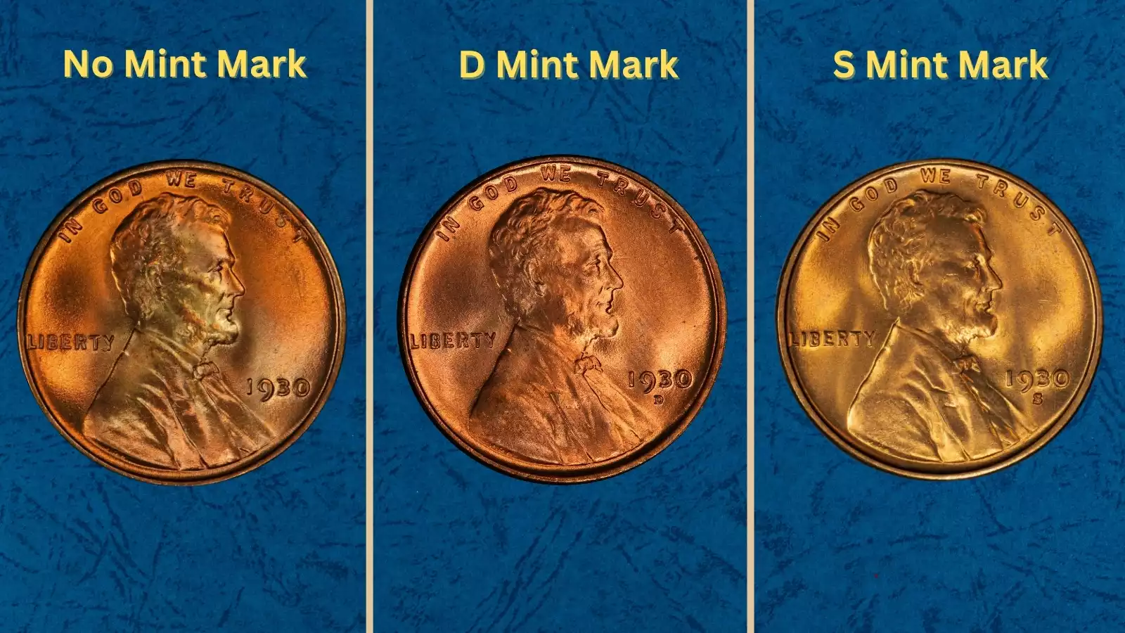 1930 wheat pennies from Philadelphia, Denver, and San Francisco mints showing mint mark locations