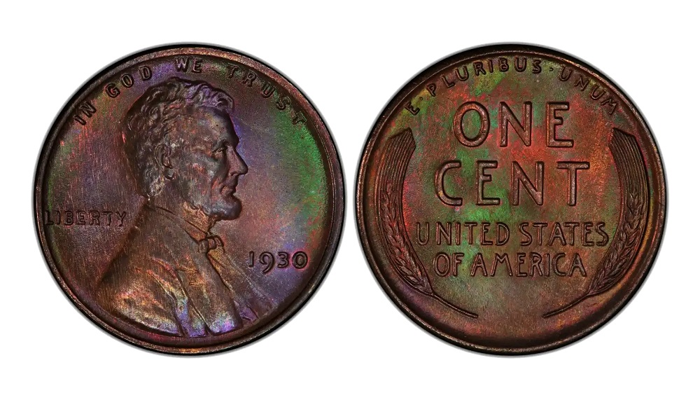 1930 wheat penny grading strip showing four condition tiers from worn to gem mint state